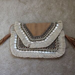 SHASHI Beige and Ivory Beaded Wristlet